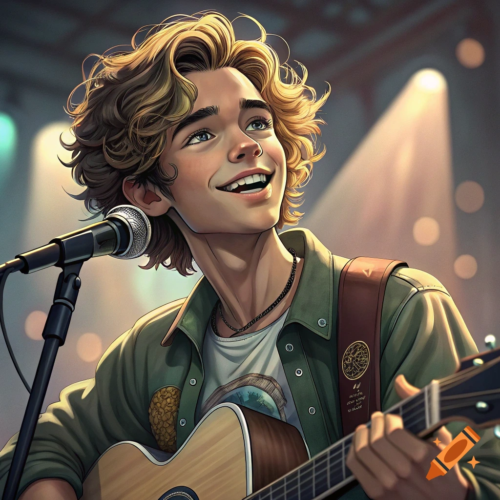 Stylized illustration of a young musician playing an acoustic guitar and singing into a microphone on stage.