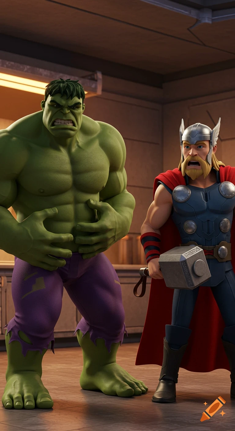 3D animated Hulk and Thor standing in a room, both holding their stomachs.