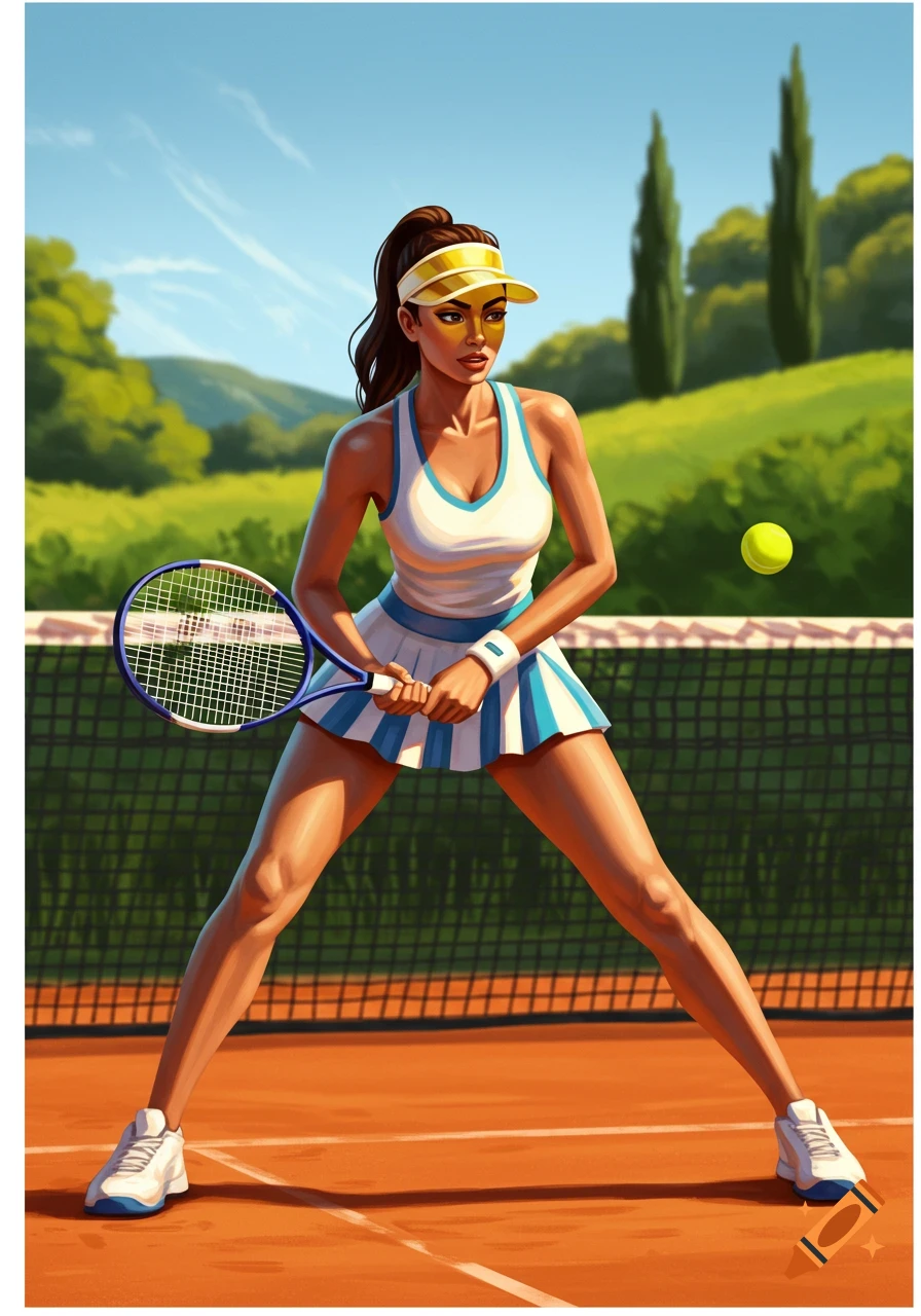 A stylized illustration of a woman holding a tennis racket on a clay court.