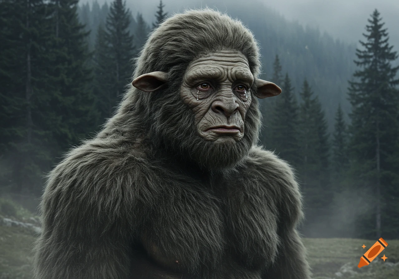 A close-up portrait of a grey-furred cryptid, resembling Bigfoot or Sheepsquatch, with a sad expression and tears, against a misty forest background. Photorealistic.