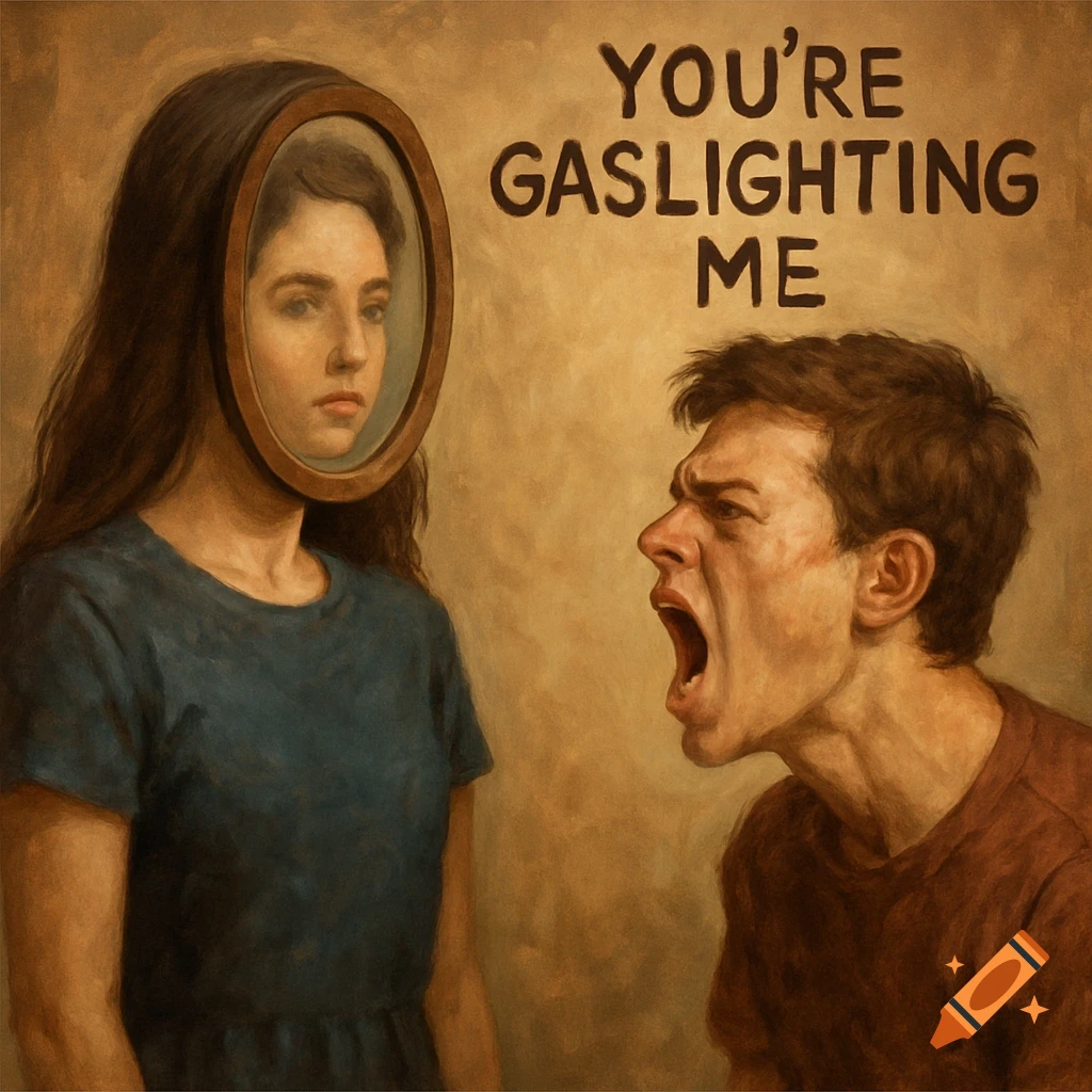Painting of a man screaming at a woman whose face is a mirror reflection of him, with text 'YOU'RE GASLIGHTING ME'.