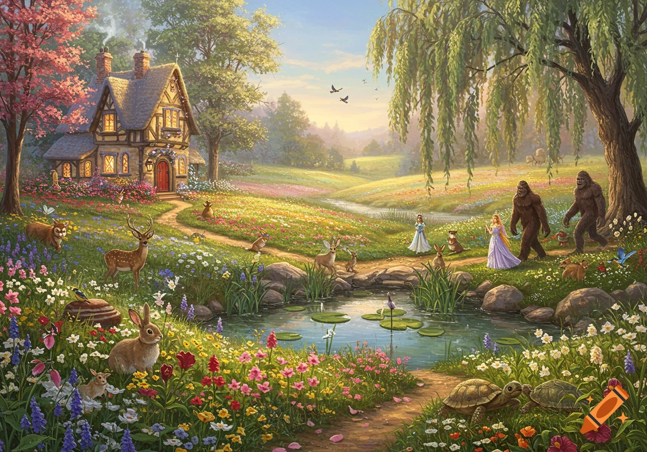 A storybook painting of a fairytale cottage in a flower field with deer, rabbits, turtles, and two princesses walking with two bigfoot creatures.