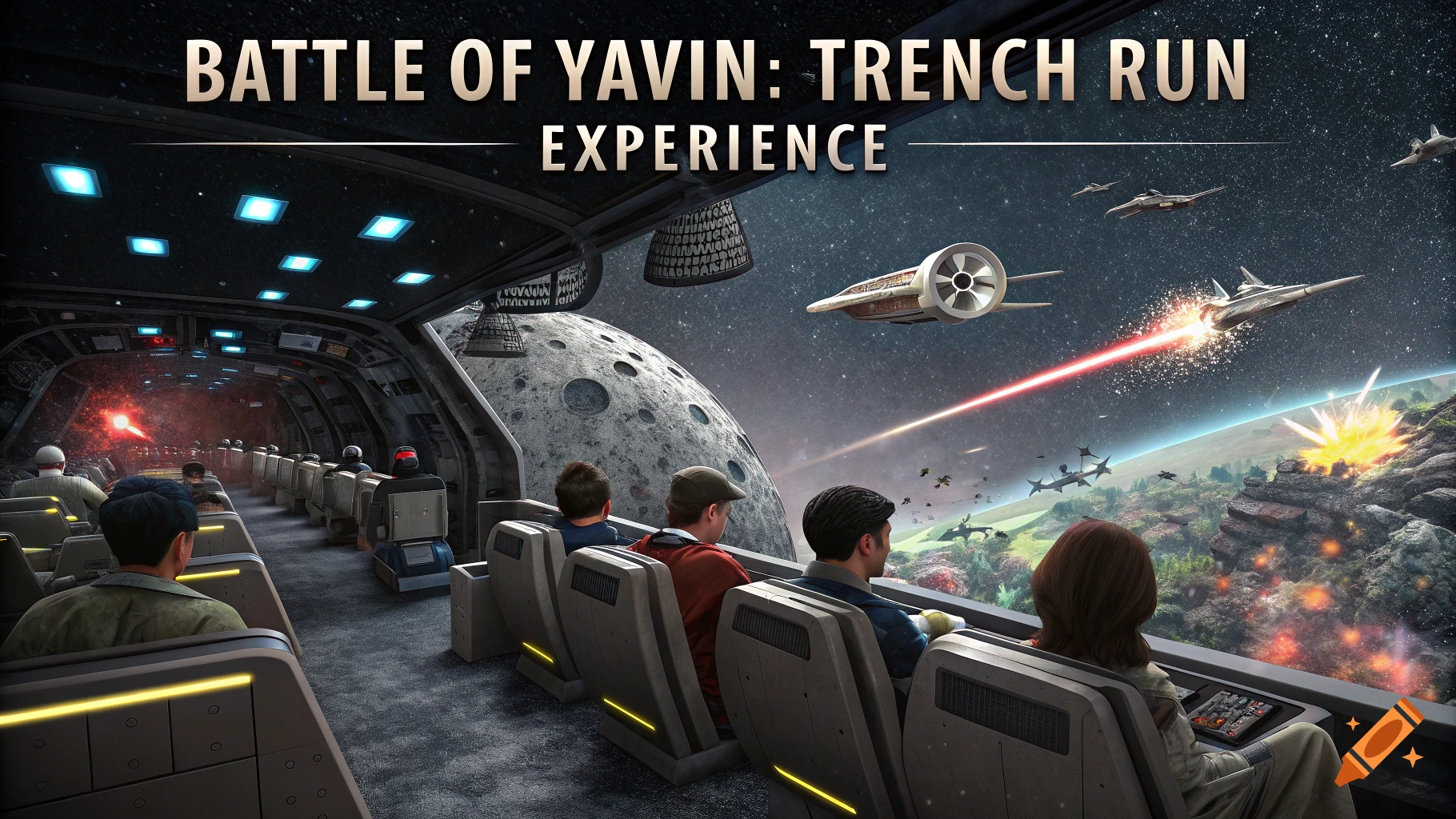 People inside a sci-fi attraction watching a space battle scene through a window with text overlay.