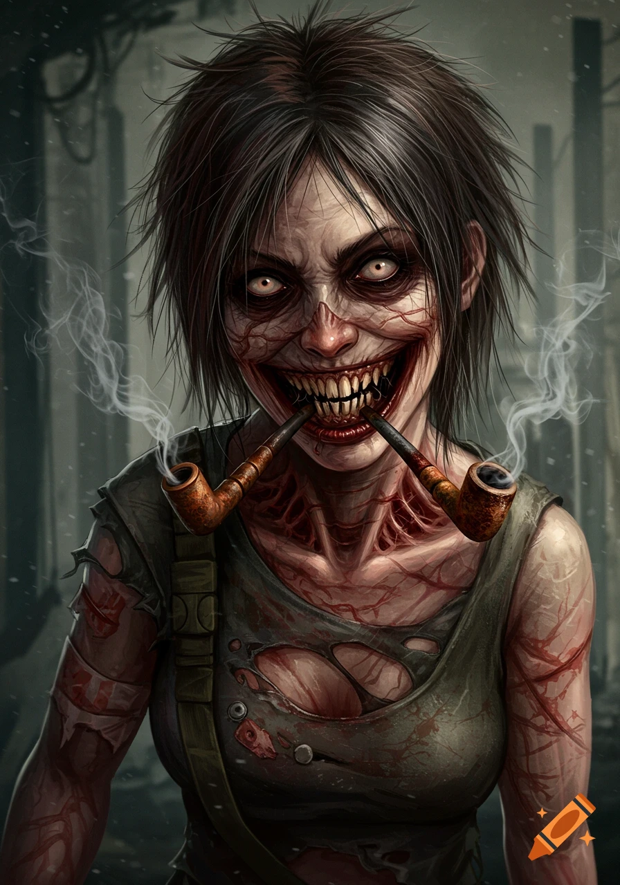 A grotesque female zombie with a wide grin, sharp teeth, exposed flesh, and smoking two pipes.