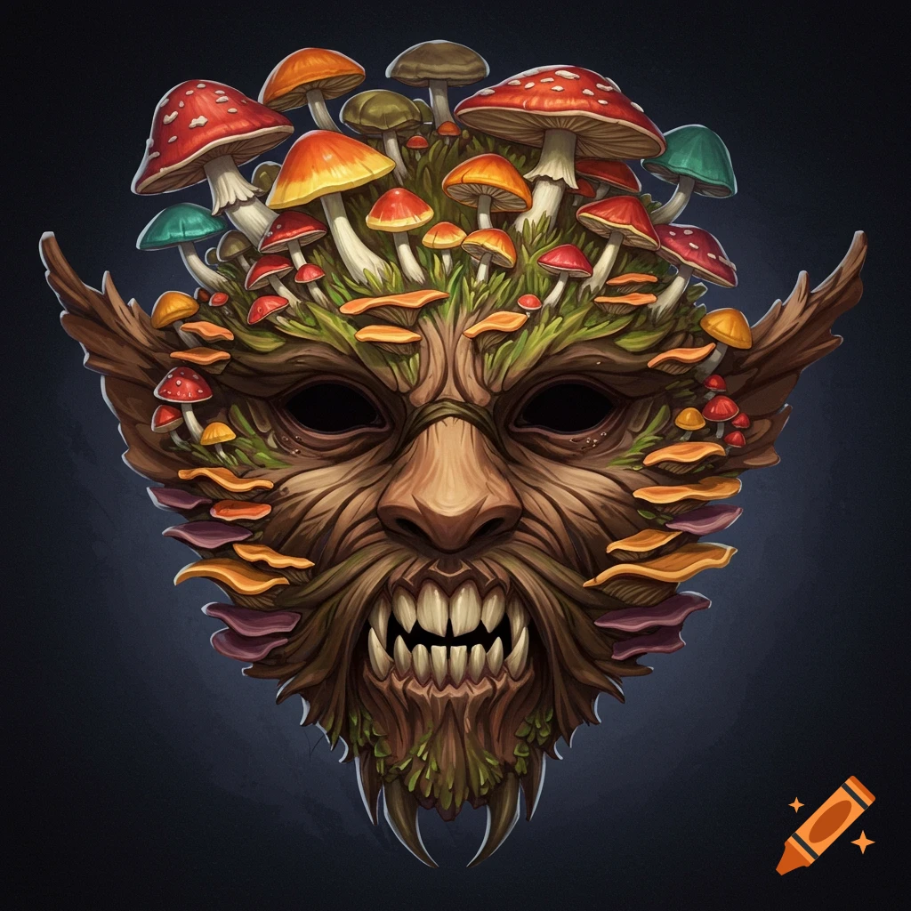 Fantasy mask made of wood with sharp teeth and covered in various types of colorful mushrooms.