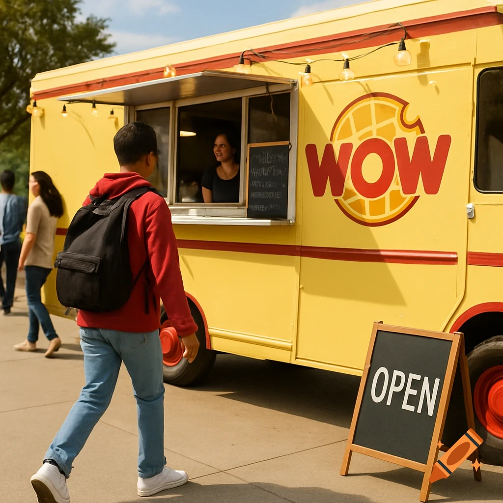 A teenage boy walks toward a yellow food truck with a 'WOW' logo and 'OPEN' sign.