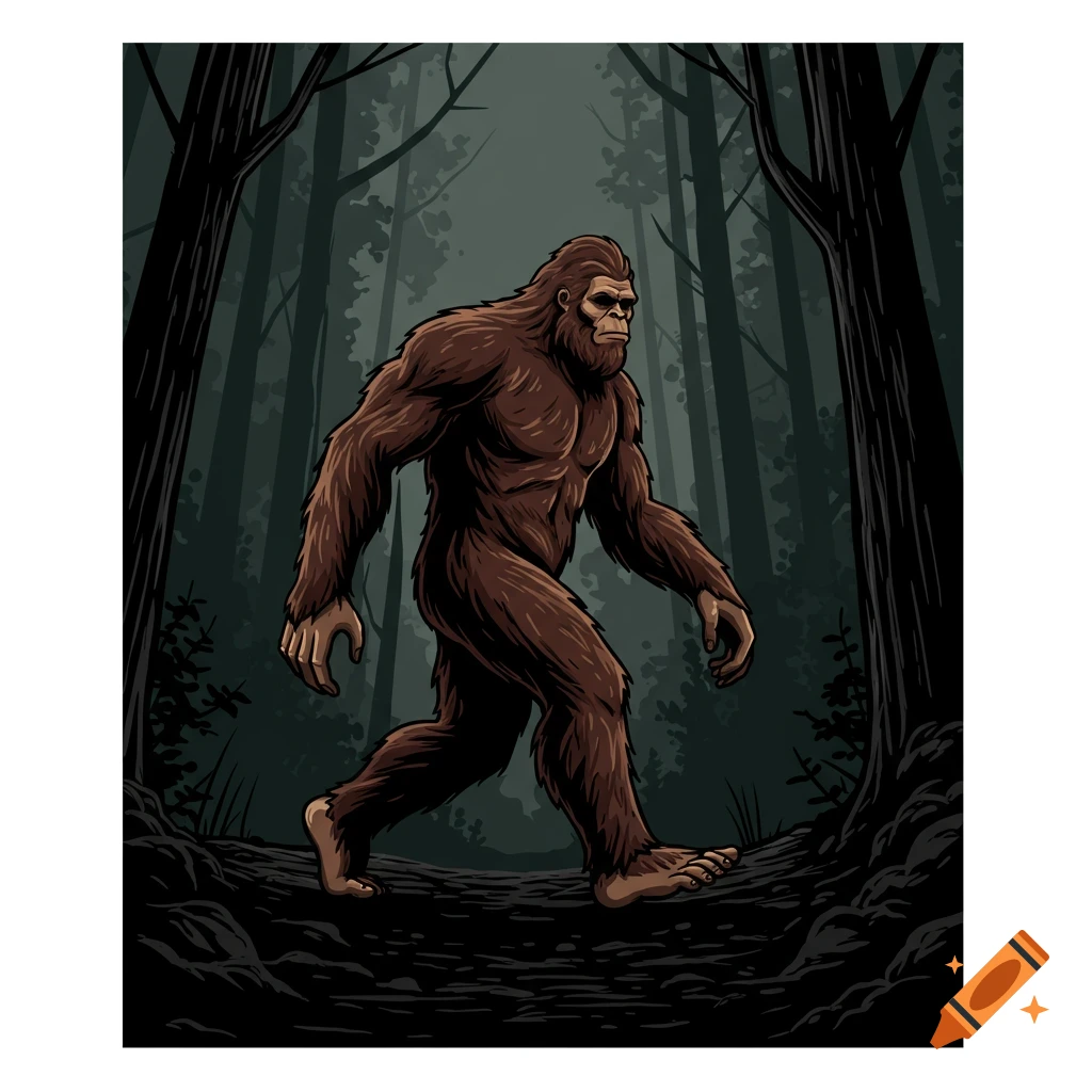 Stylized illustration of Bigfoot walking through a dark forest.