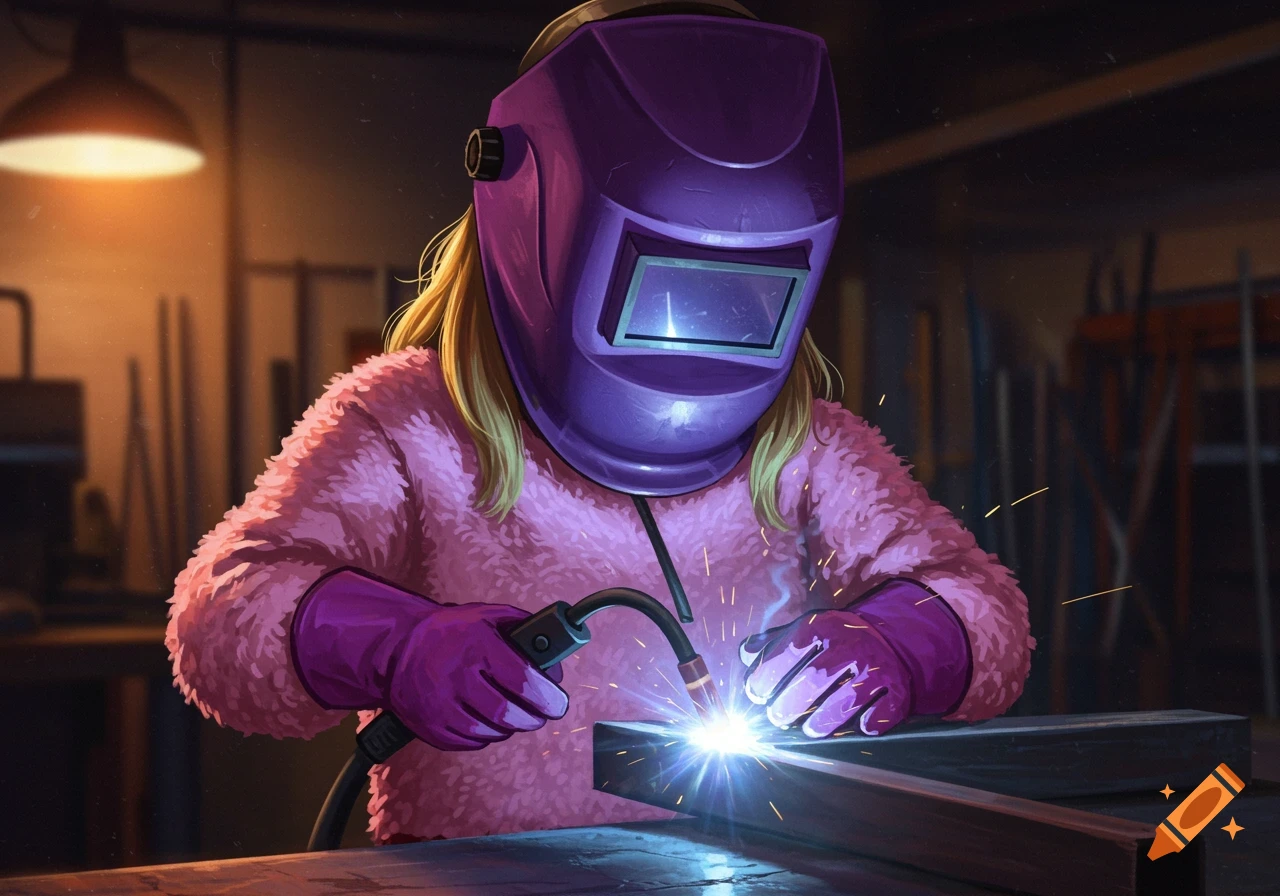 A person wearing a purple welding helmet, pink sweater, and purple gloves welds metal with sparks flying.