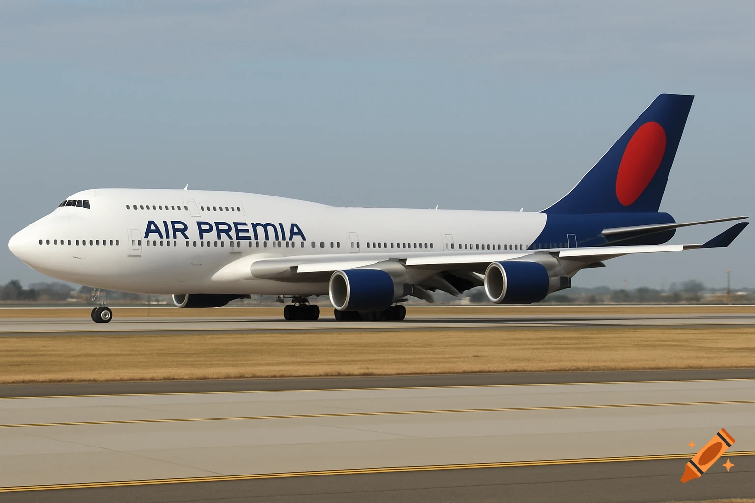 A photorealistic photo of a white and blue Air Premia Boeing 747 airplane on a runway.