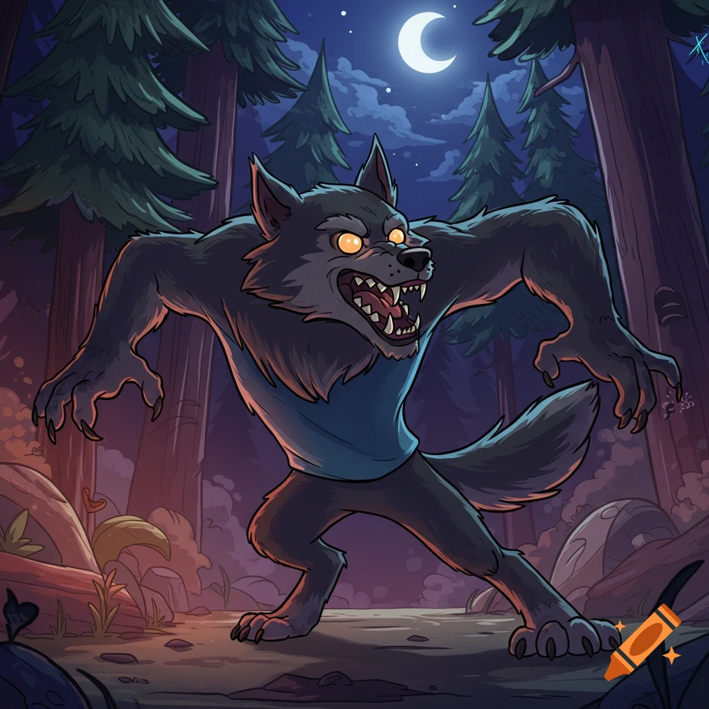 A cartoon werewolf with glowing eyes stands in a dark forest at night under a crescent moon, in the style of Gravity Falls.