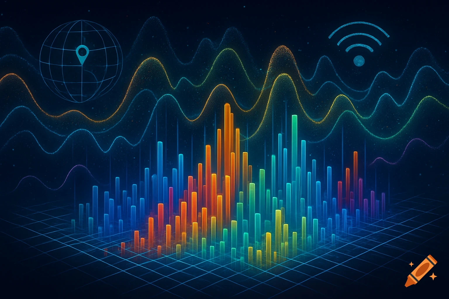 Abstract data visualization with colorful bar charts, wavy lines, globe, and WiFi icon on a dark grid.