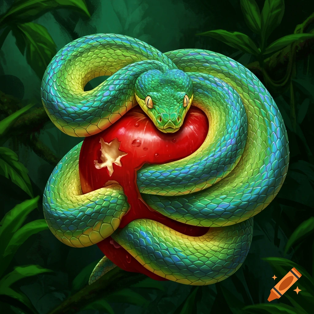 Colorful green and blue snake coiled around a bitten red apple in a jungle setting, illustration.