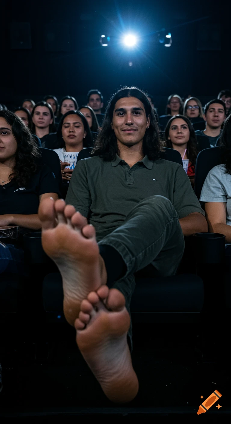 Man with bare feet up in front seat of a movie theater, audience in background, photographic style