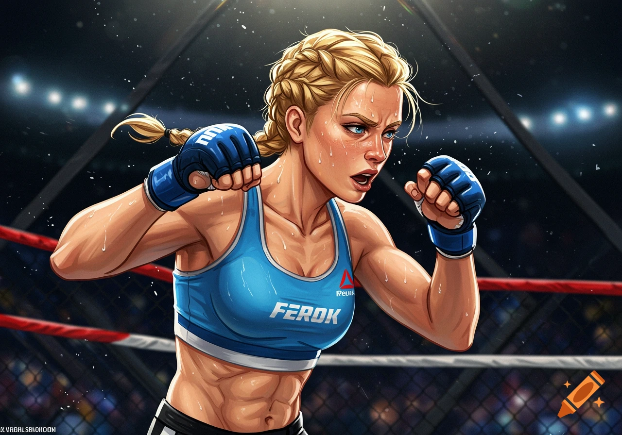 An illustration of a blonde female MMA fighter in a fighting stance in a ring.
