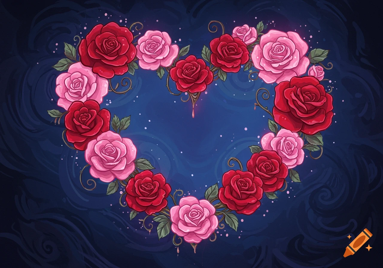 A heart shape formed by red and pink roses on a dark blue background with swirls.