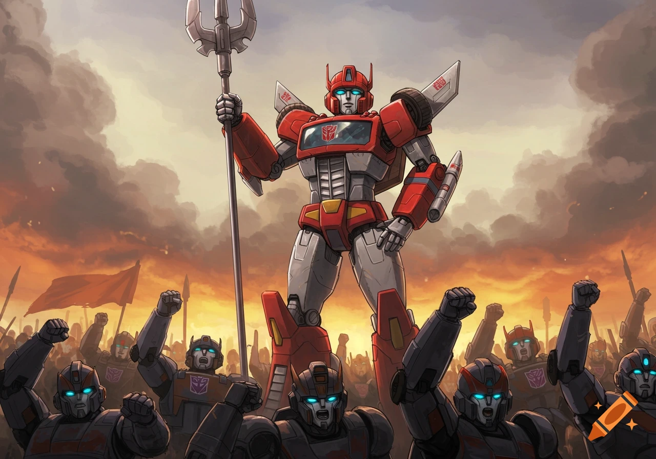 A large red robot with a trident stands before an army of robots raising fists against an orange sky.