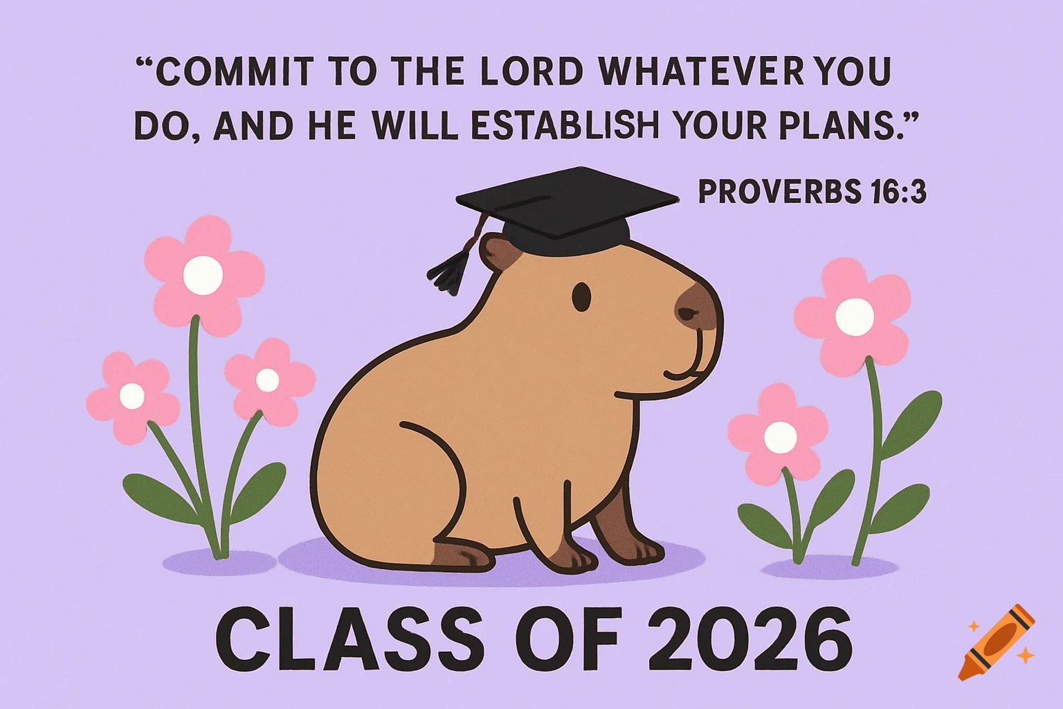 Cute clipart capybara with graduation hat and pink flowers on purple background. Includes bible verse and 'Class of 2026' text.