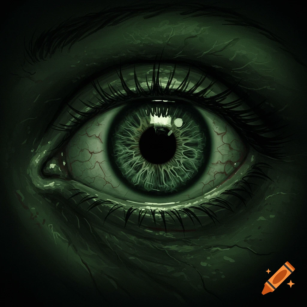 Close up of a creepy, bloodshot green eye in dark lighting