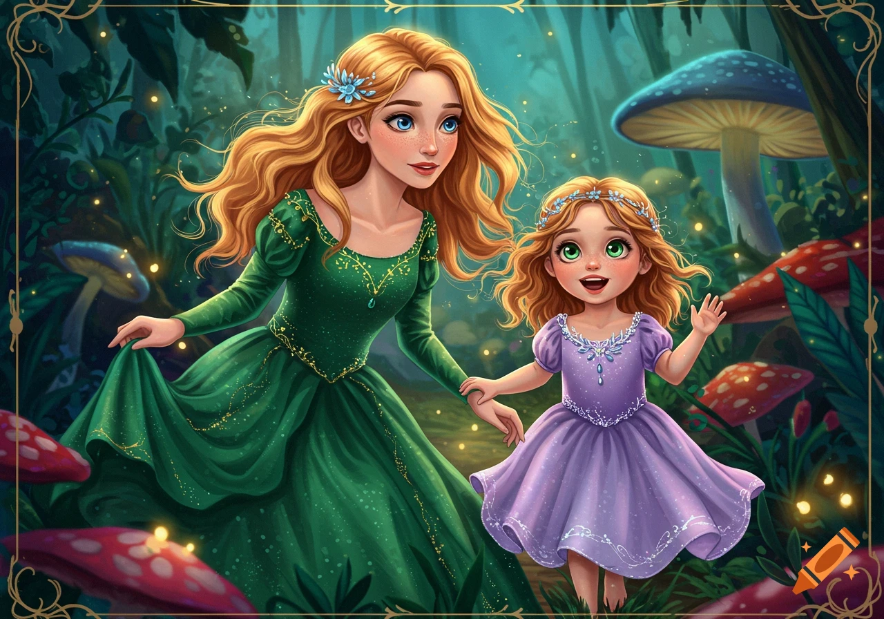 Illustration of a woman and a child in fantasy dresses walking through a magical forest with large mushrooms.