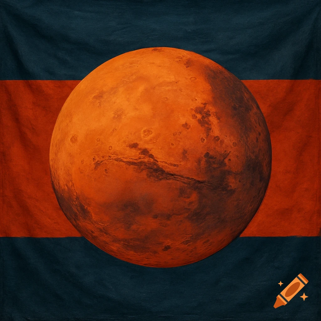 The planet Mars centered on a flag background with dark blue top and bottom stripes and an orange-red middle stripe.