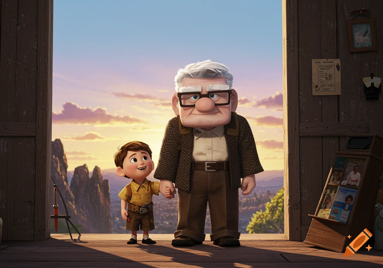 Carl and Russell from the movie Up stand together smiling outside a building with mountains in the background