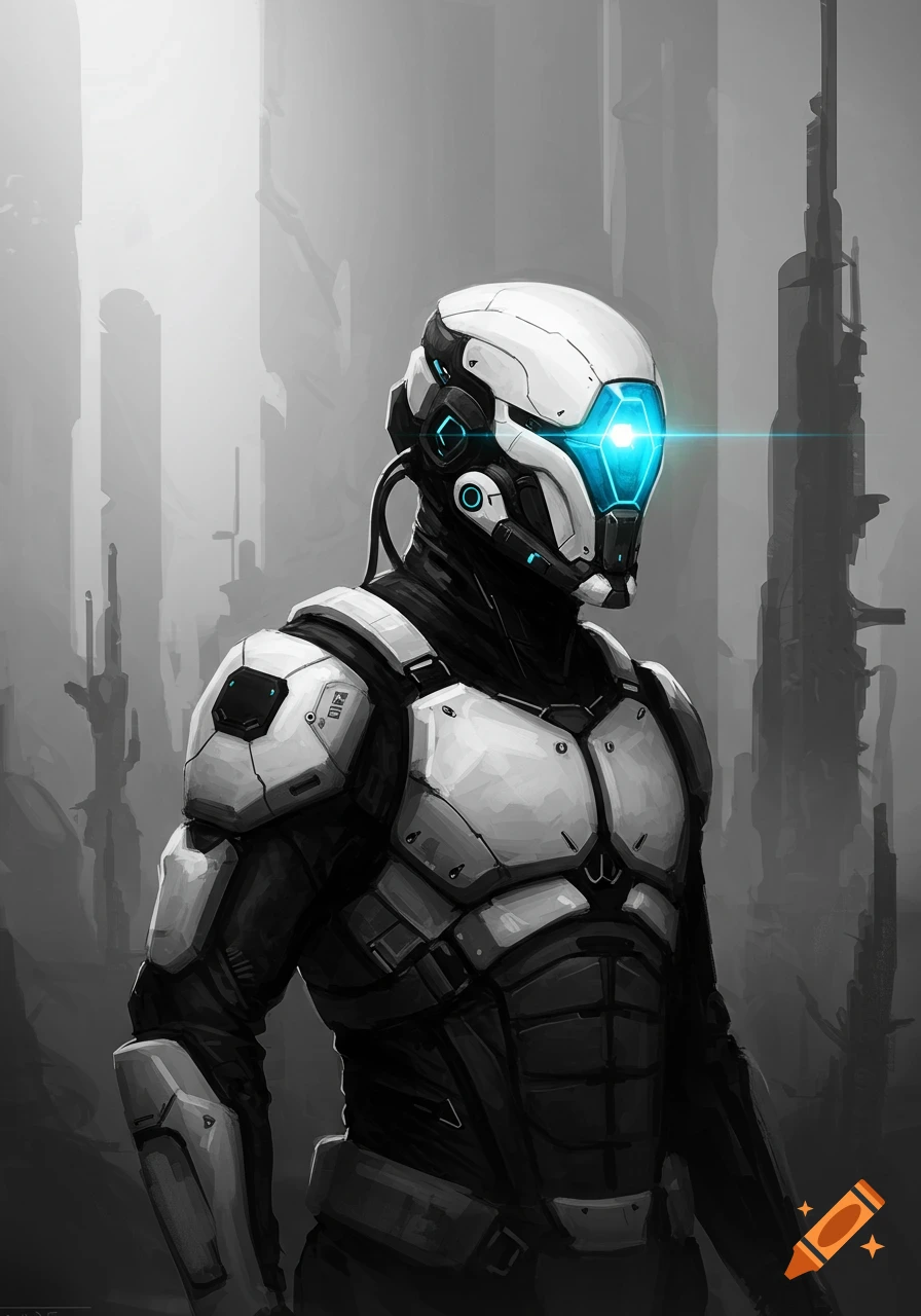 Futuristic armored soldier with white helmet and blue visor in a city.