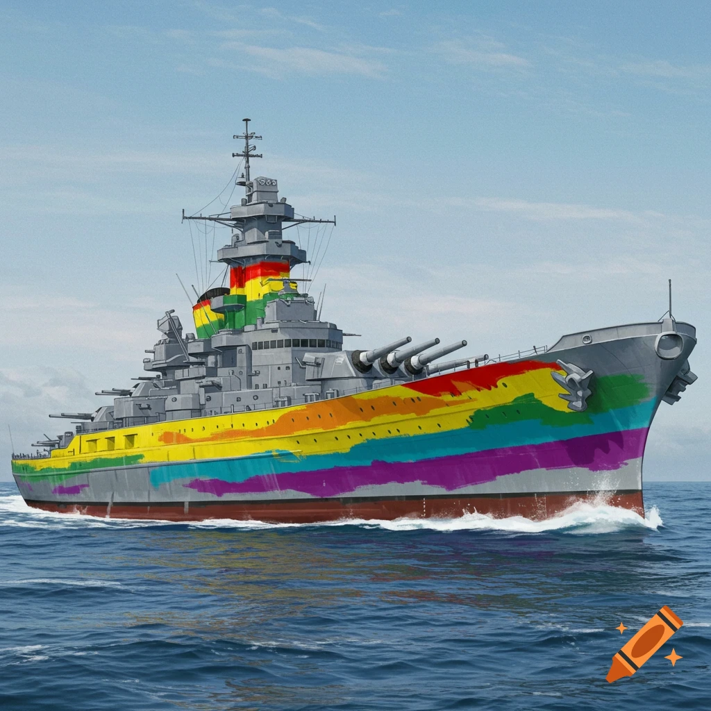 A battleship painted with a rainbow pride flag camouflage sailing on the sea.