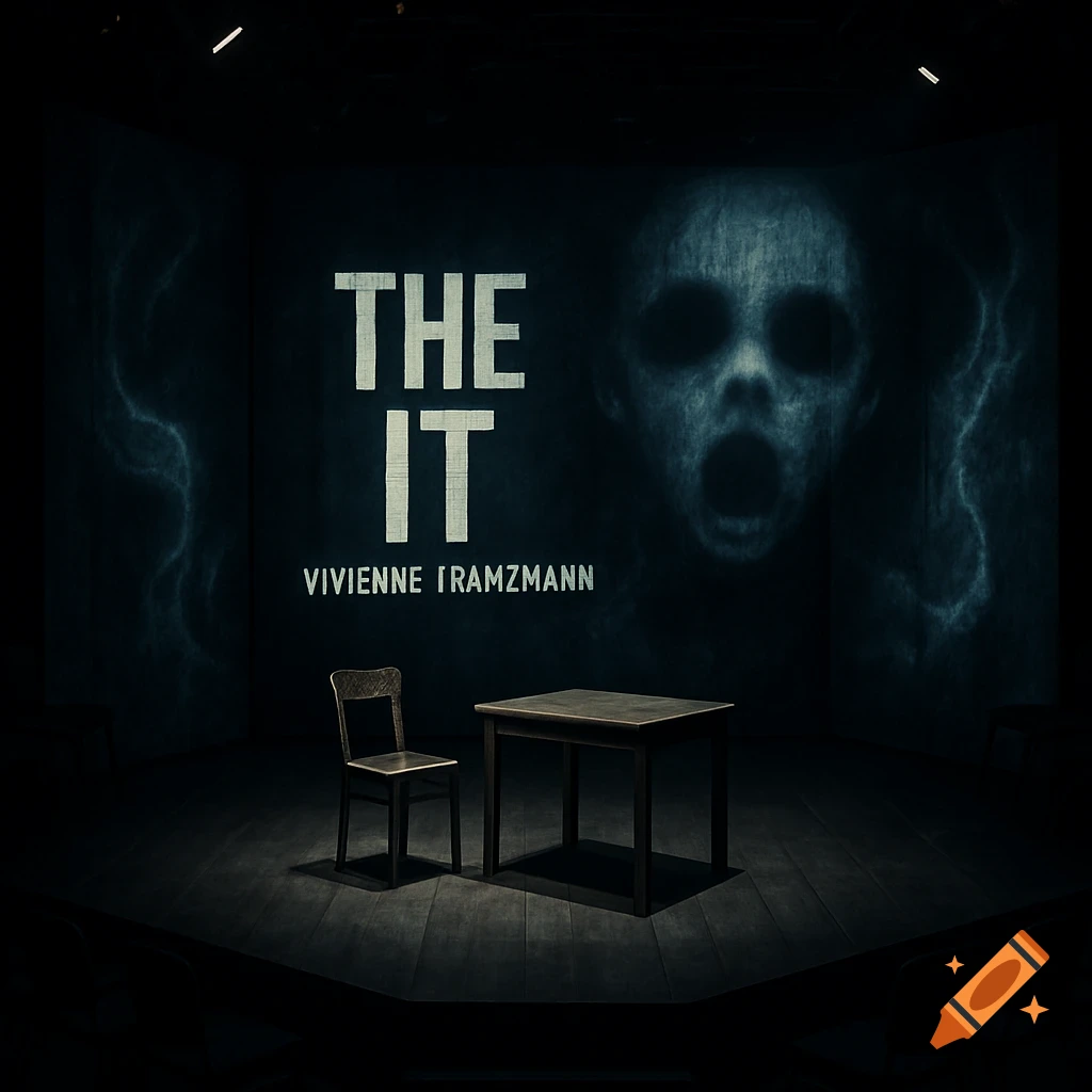 Dark theatre stage with chair, table, and projected scary face and text 'THE IT' on the wall.