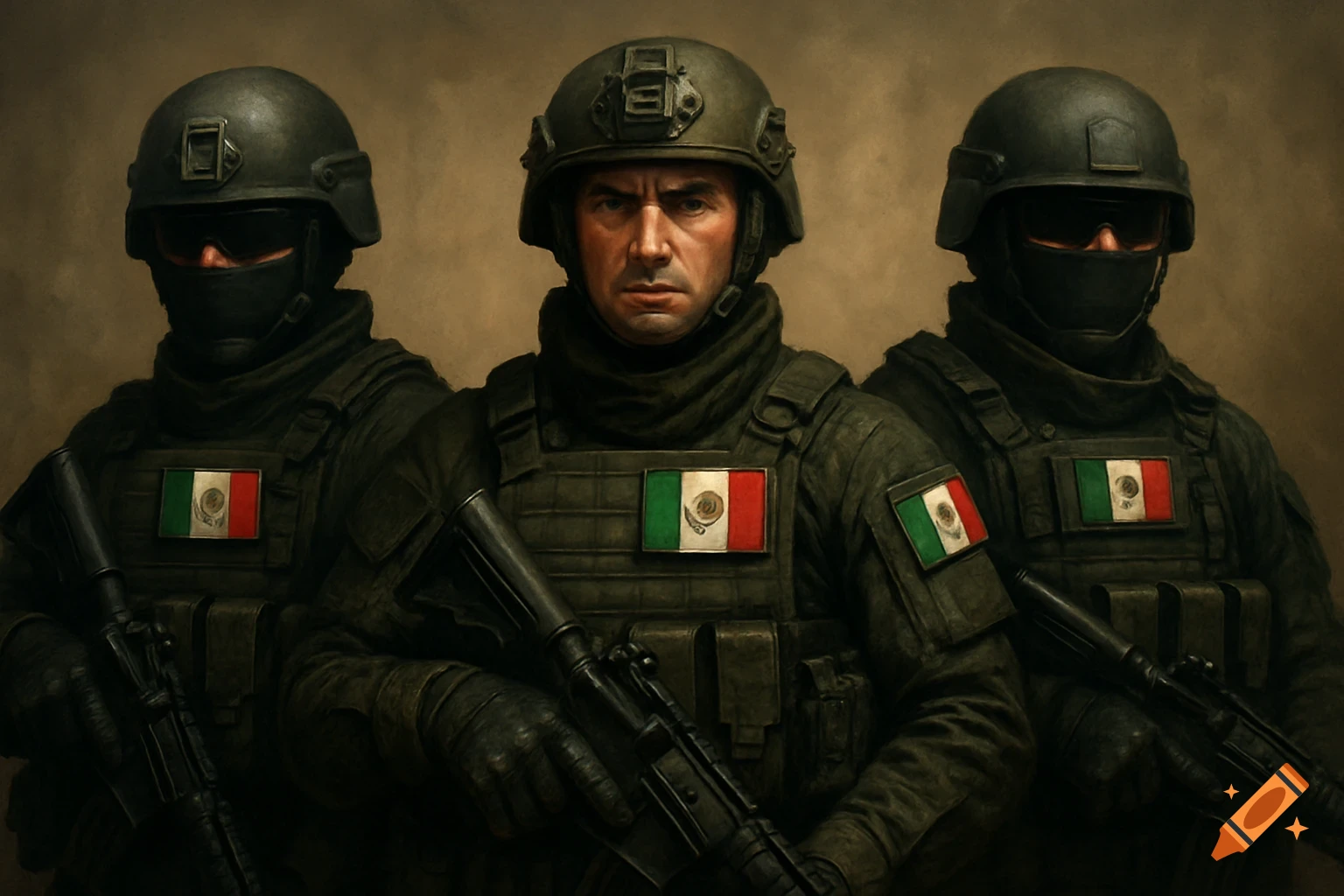 Three soldiers in tactical gear with Mexican flags on uniforms, holding rifles.
