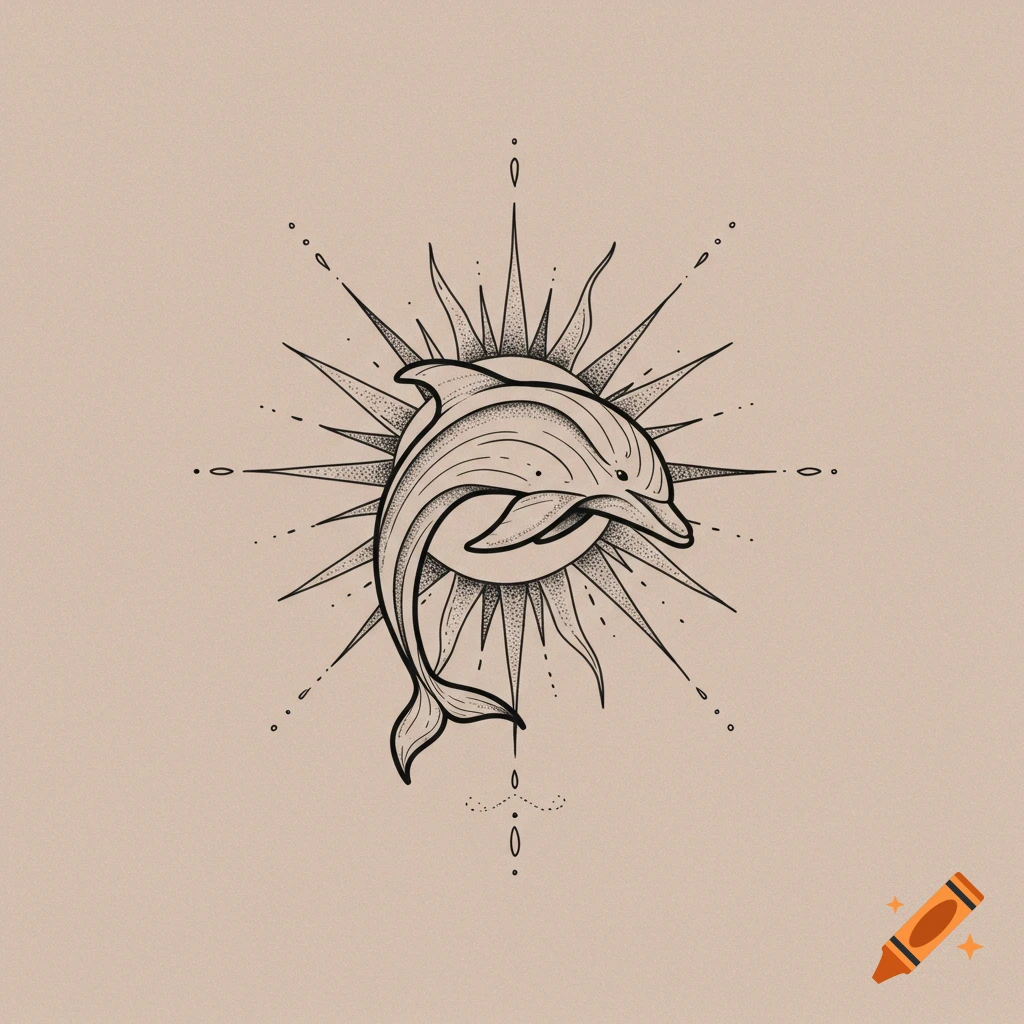 Minimalist line art tattoo design of a dolphin intertwined with a sun symbol.