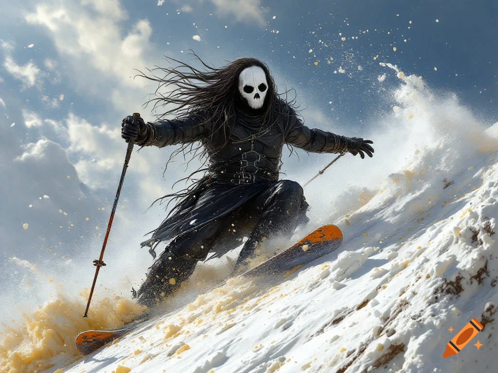 A figure with a skull face skis down a snowy mountain slope, spraying snow.