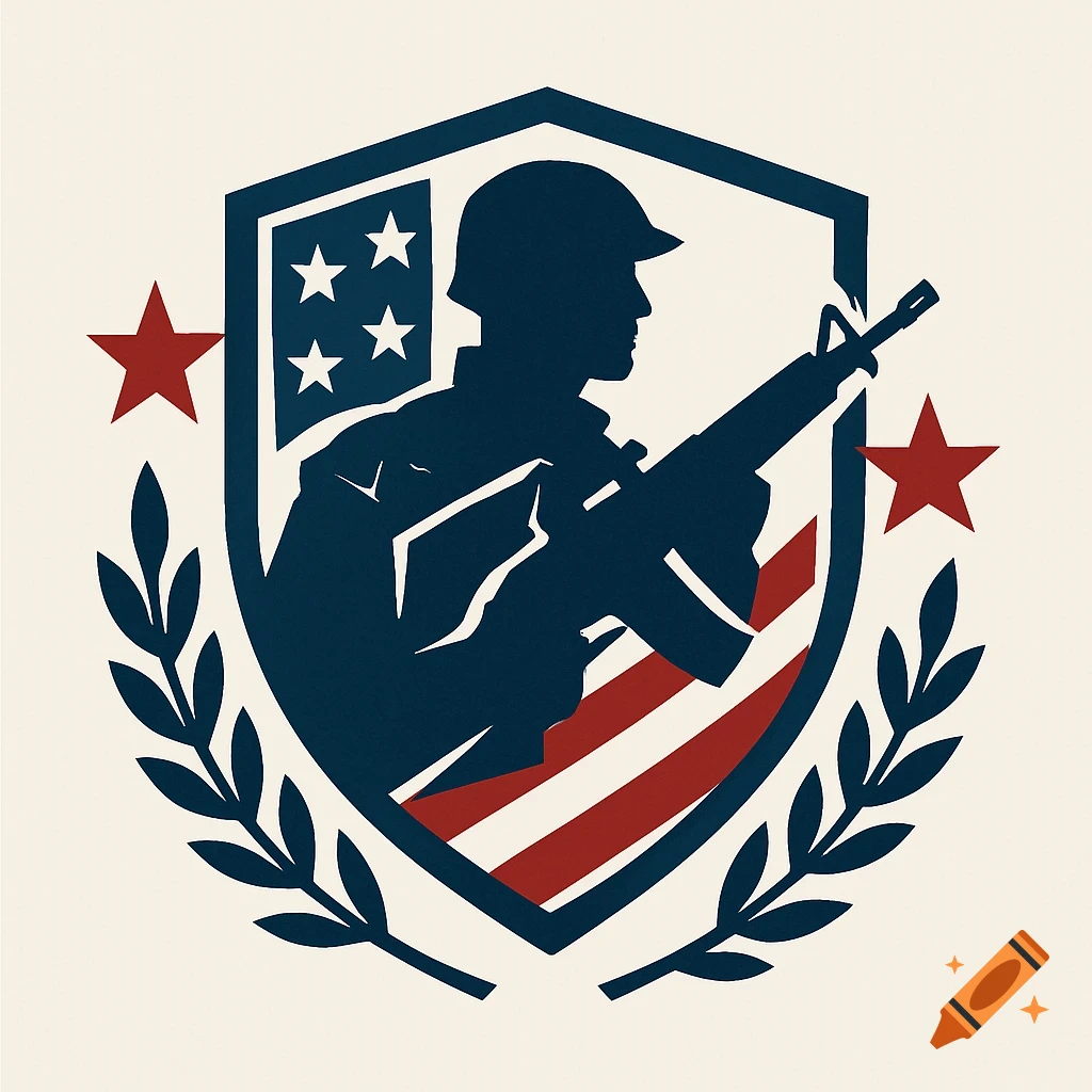 Logo with silhouette of soldier holding rifle within a shield showing US flag pattern, flanked by stars and olive branches.