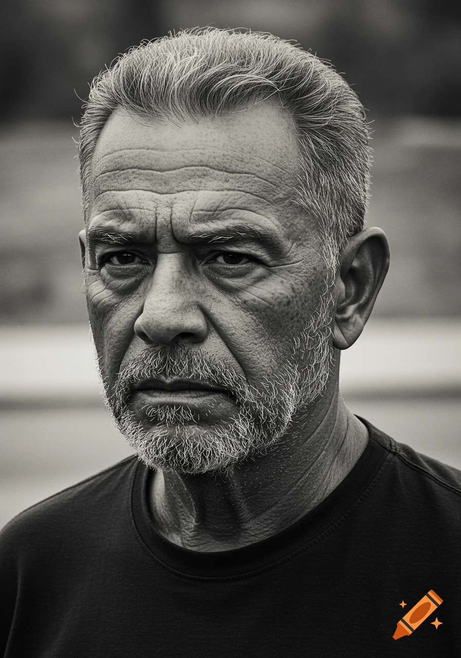Black and white portrait of an older man with graying hair and beard.