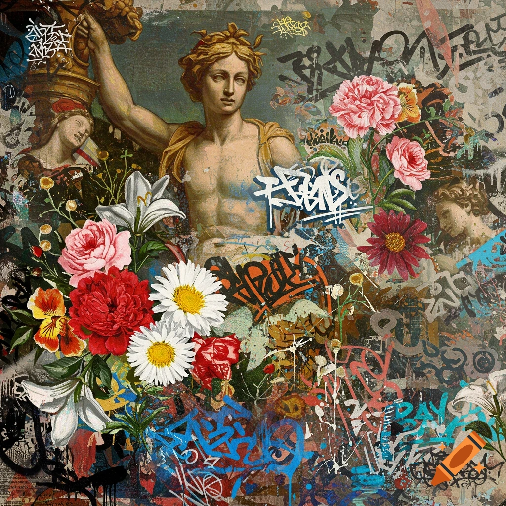 Renaissance sculpture with vibrant flowers against a chaotic graffiti background in mixed media street art style.