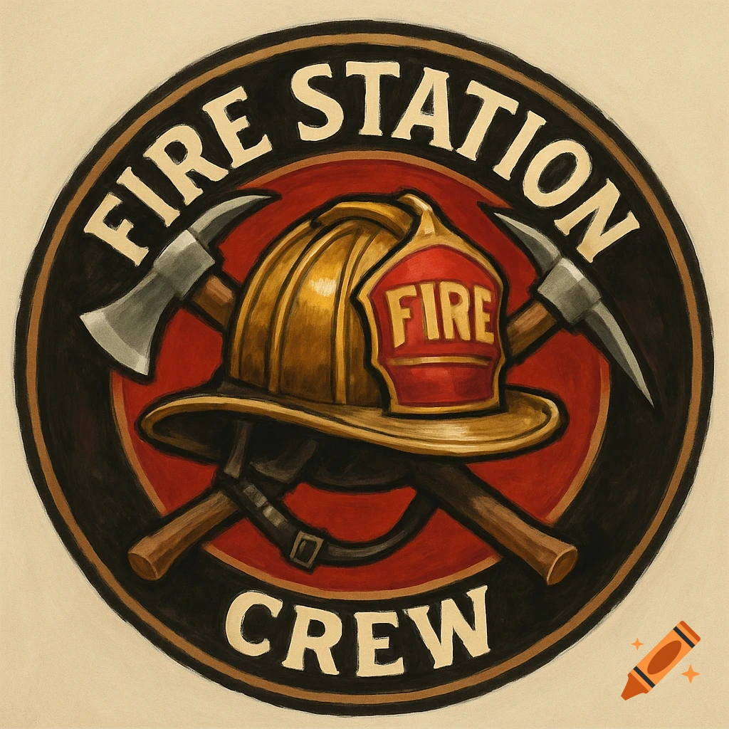 Fire station crew logo with helmet and crossed axes