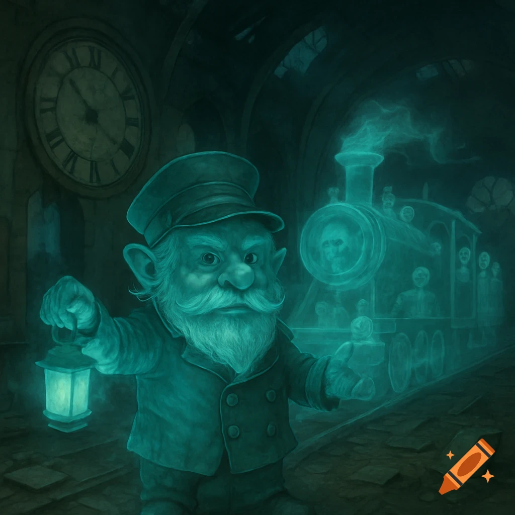 A gnome ghost train conductor holds a lantern in a dark depot next to a ghostly train with skeleton passengers.