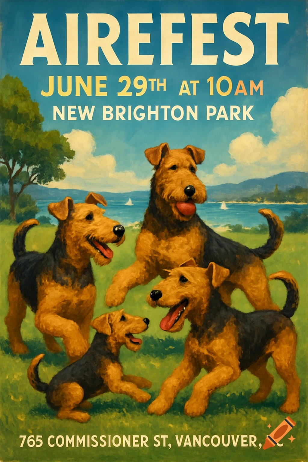 A vintage-style poster showing four Airedale dogs in a park by the ocean with event text.