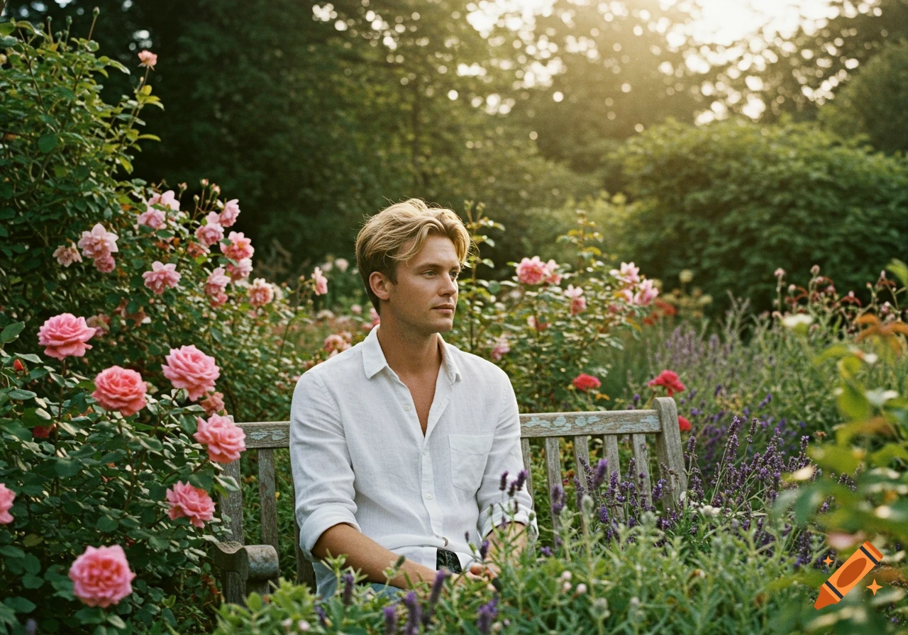 A blonde-haired man sits on a bench surrounded by roses and lavender in a sunny garden