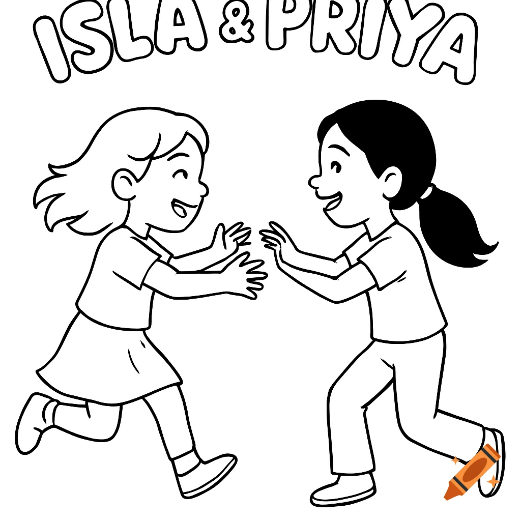 Black and white line drawing of two girls running towards each other with the names Isla & Priya above them.