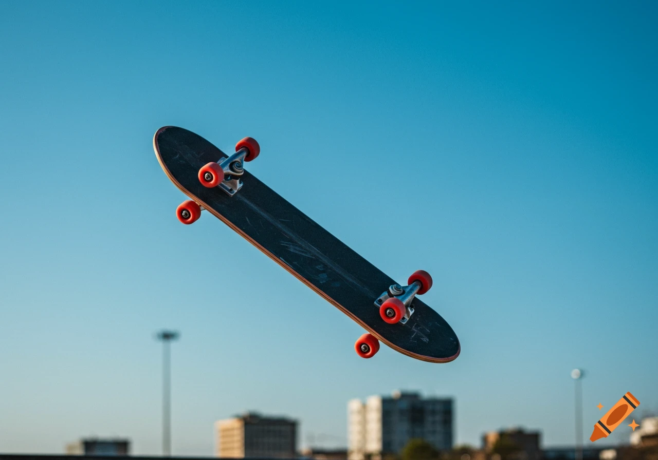 A black skateboard with red wheels floats in the air against a clear blue sky.