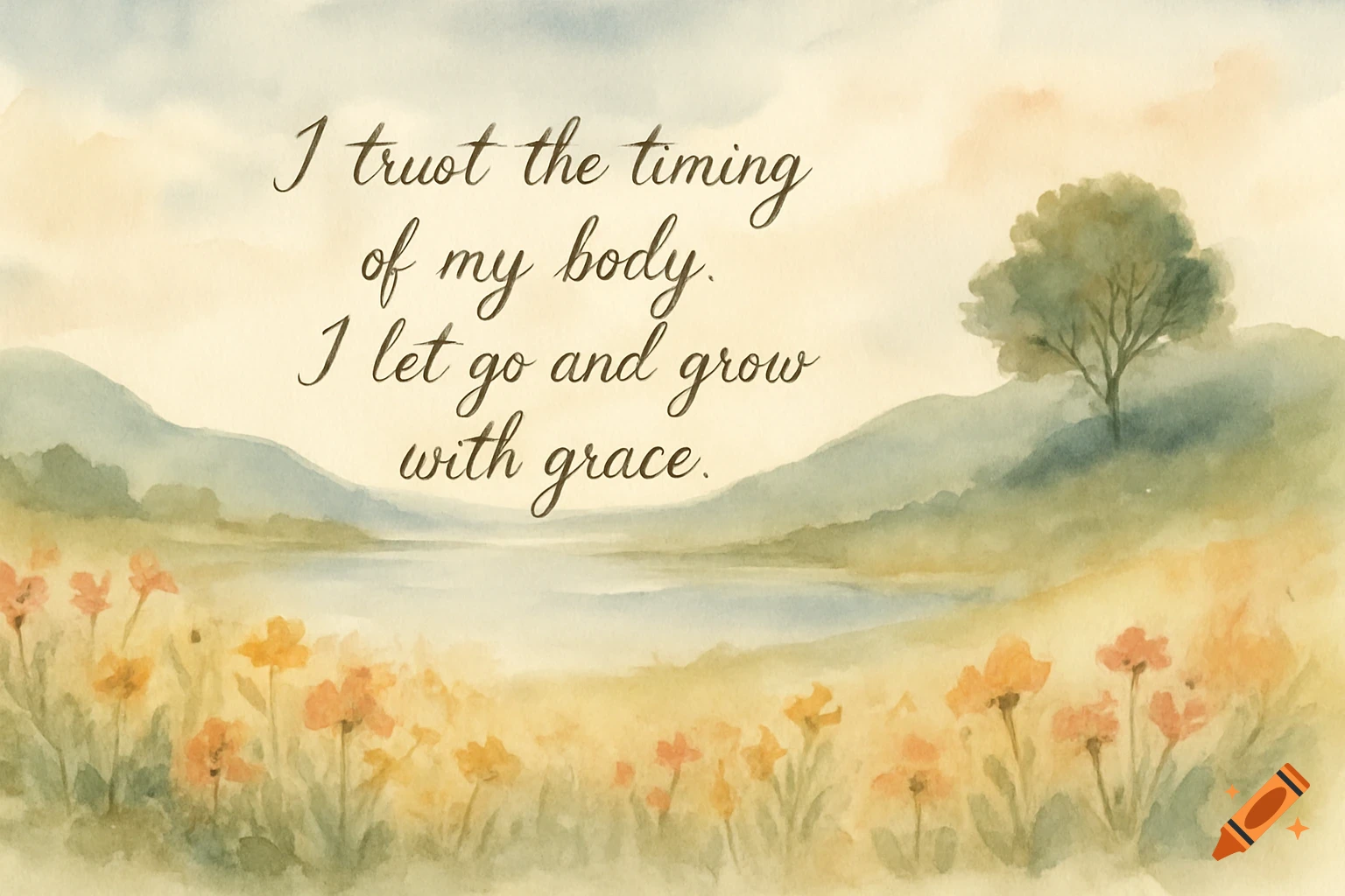 Watercolor landscape with mountains, lake, field flowers, and text quote.