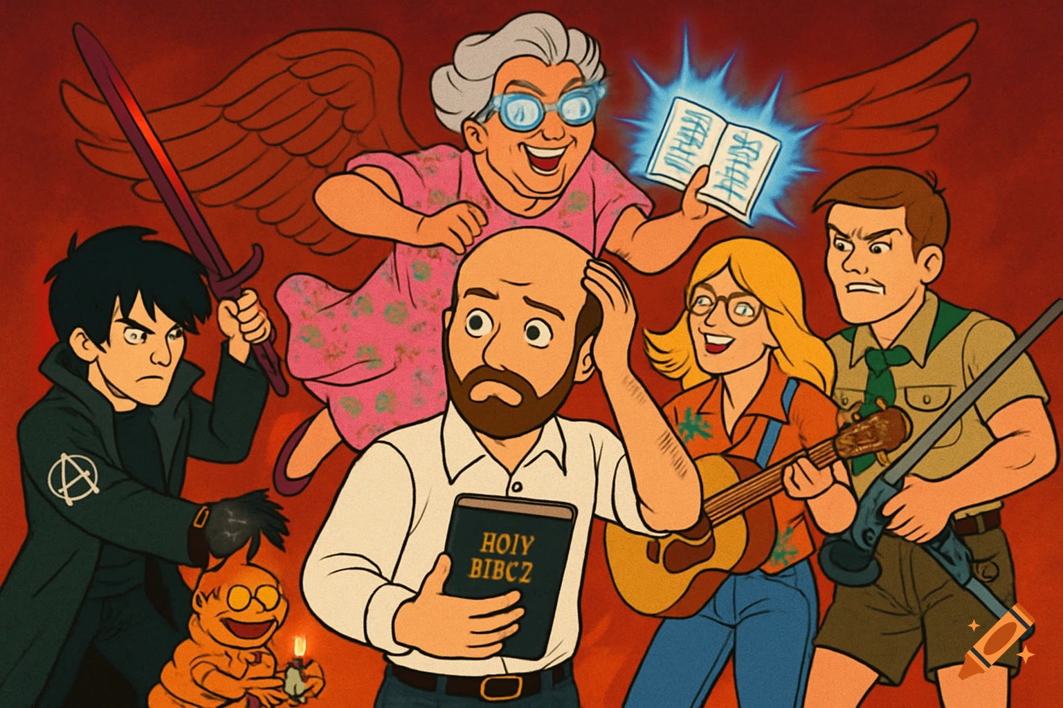Cartoon scene of confused man with Bible surrounded by diverse characters with sword, guitar, glowing book, and weed wacker.