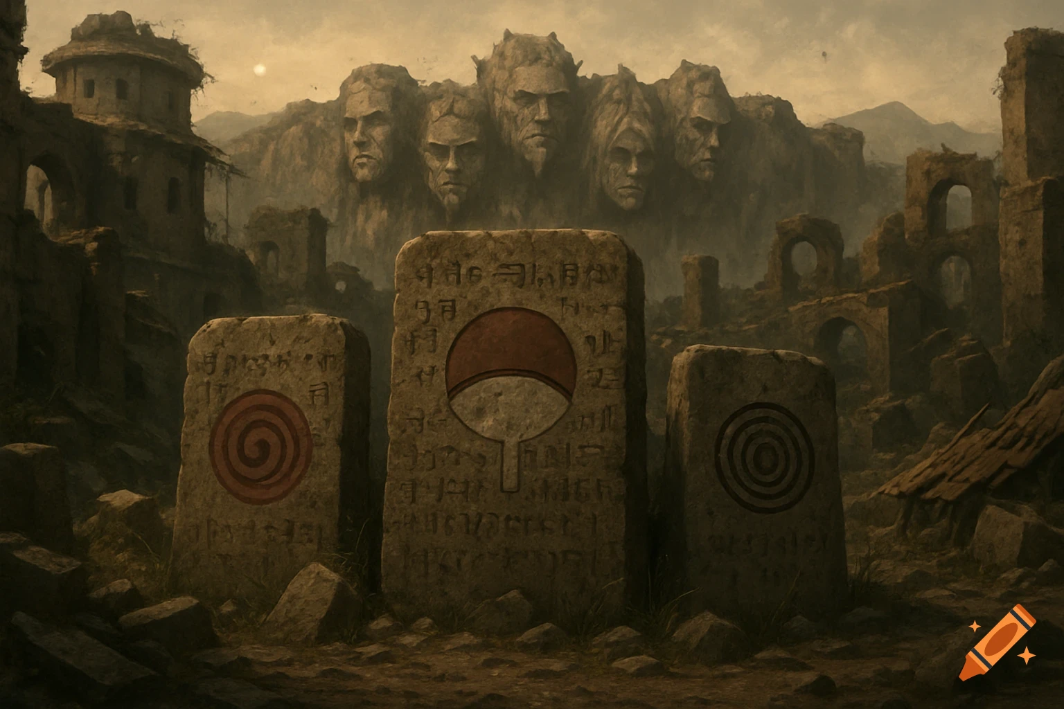 A ruined fantasy village with large faces carved into a mountain and three stone tablets with symbols in the foreground.