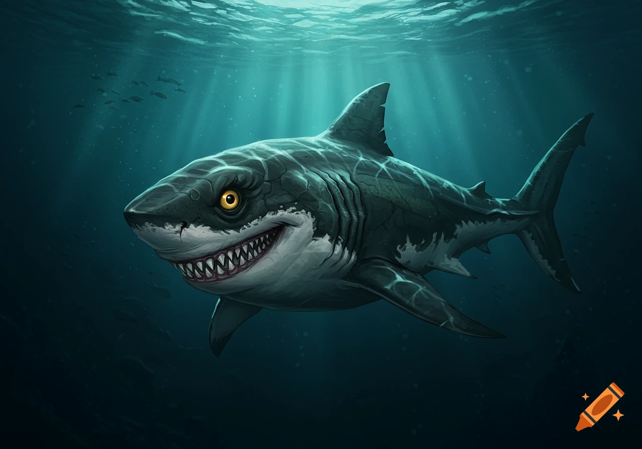 Stylized illustration of a shark swimming underwater.