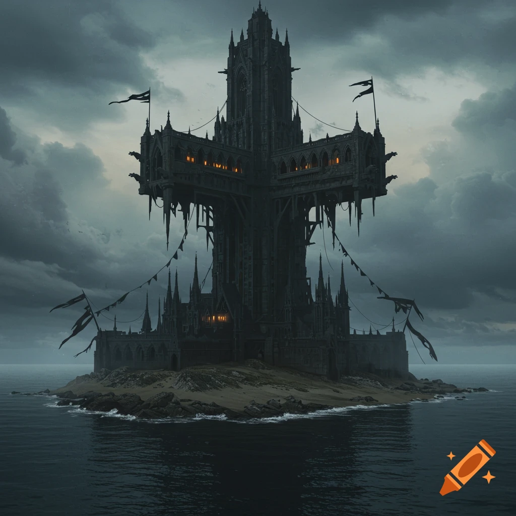 Grim dark cross-shaped building on a small island under cloudy sky.