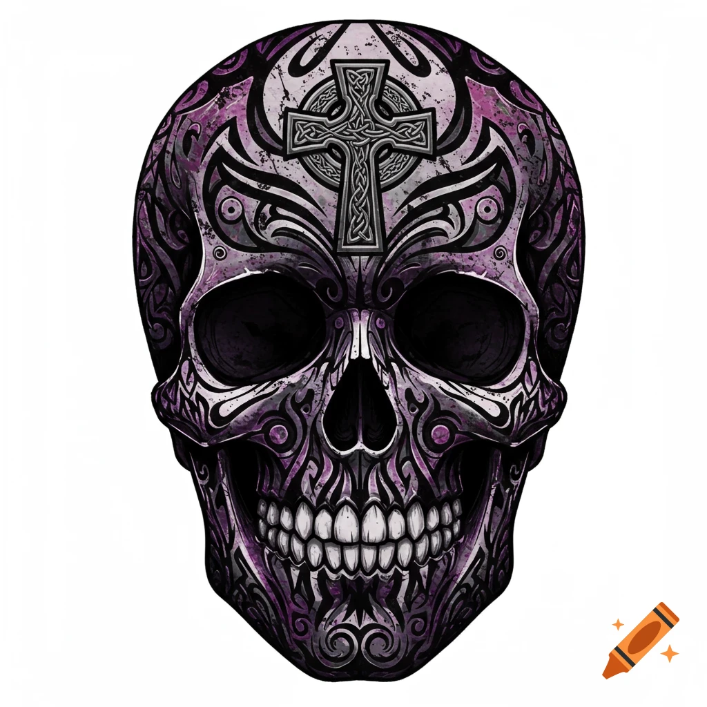 Stylized purple and grey skull with swirling patterns and a Celtic cross on the forehead