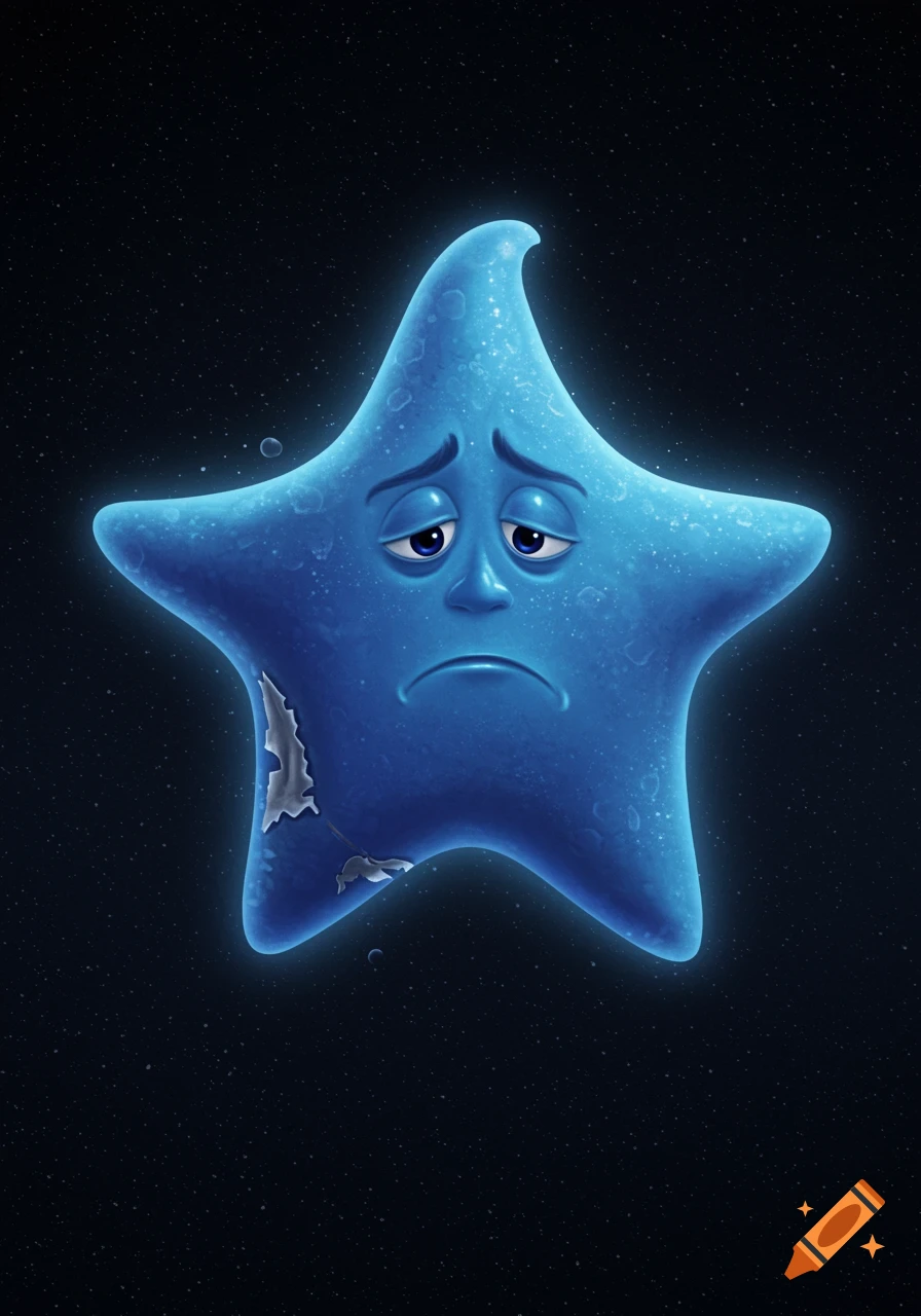 A sad blue star with a face floats in space, showing signs of damage.