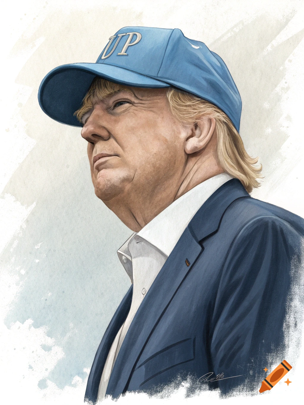 Watercolor portrait of Donald Trump wearing a blue cap.
