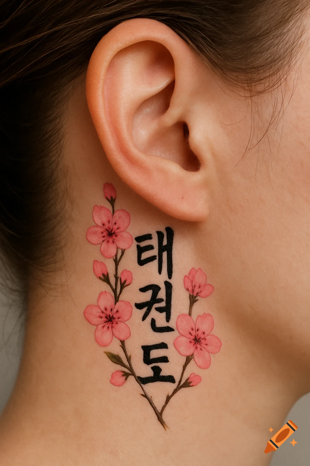 A tattoo behind an ear and on the neck with Korean text and pink cherry blossoms.