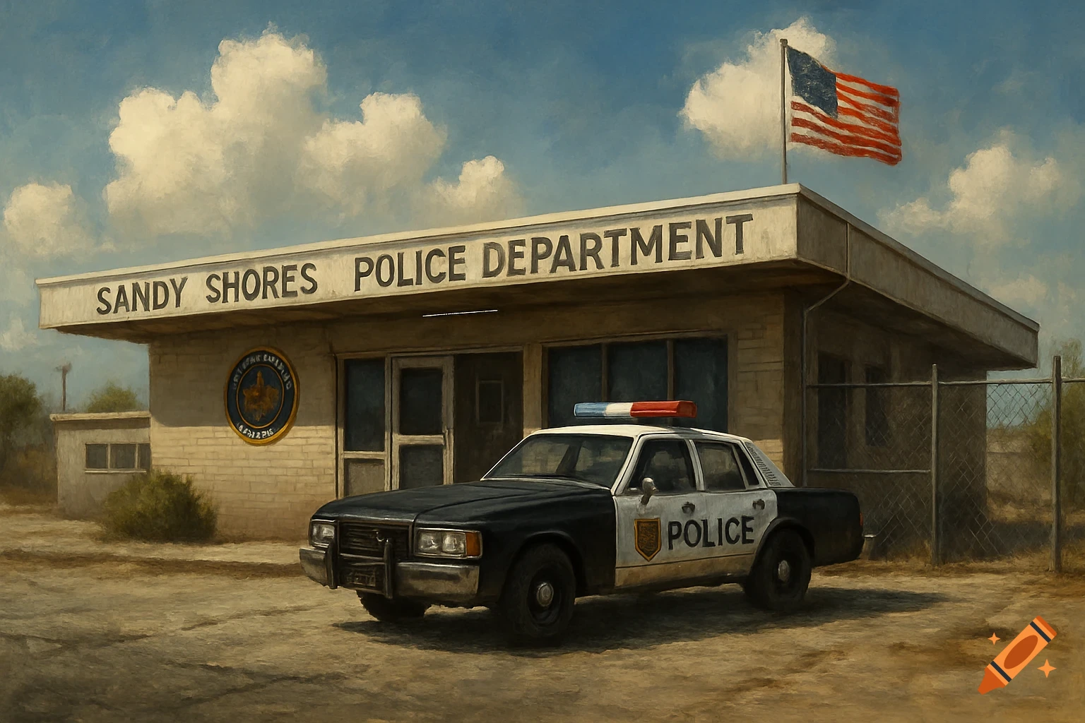 Painterly image of a police station building with a police car and American flag.